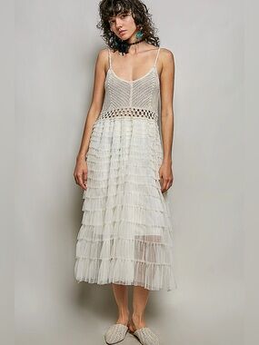 POL Cream Crochet Lace Tiered Midi Dress